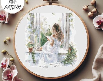 Girl at Window Cross Stitch Pattern - Women Embroidery Decor (PDF Pattern)