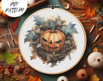 Halloween Pumpkin Cross Stitch Pattern: Crow & Fall Decor (PDF Pattern)