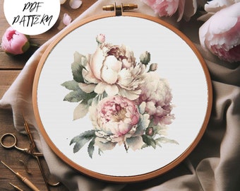 Peonies Bouquet Cross Stitch Pattern: Modern Floral Embroidery (PDF Download)