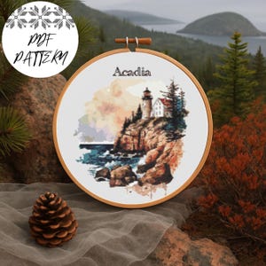 Acadia National Park Cross Stitch Pattern PDF – Stitch the Parks Series, Coastal Mountain Embroidery, Digital Nature Scene Design