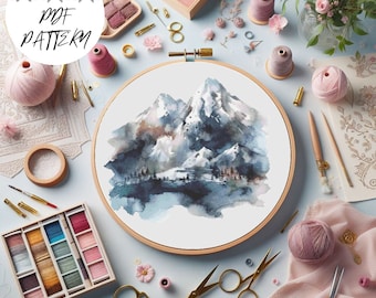 Mountain Cross Stitch Pattern: DIY Embroidery Design (PDF Pattern, 33 Colors, 208x181 Stitches)