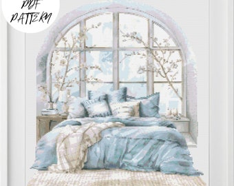 Bedroom View Cross Stitch Pattern: City Building Embroidery (PDF Pattern)