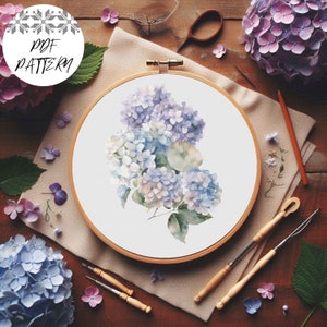 Schema punto croce bouquet di ortensie, modello PDF, ricamo floreale, fai da te, regalo, decorazione ricamata