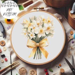 Daffodils Bouquet Cross Stitch Pattern: Spring Floral Embroidery (PDF Download)