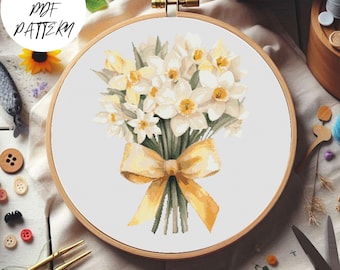 Daffodils Bouquet Cross Stitch Pattern: Spring Floral Embroidery (PDF Download)