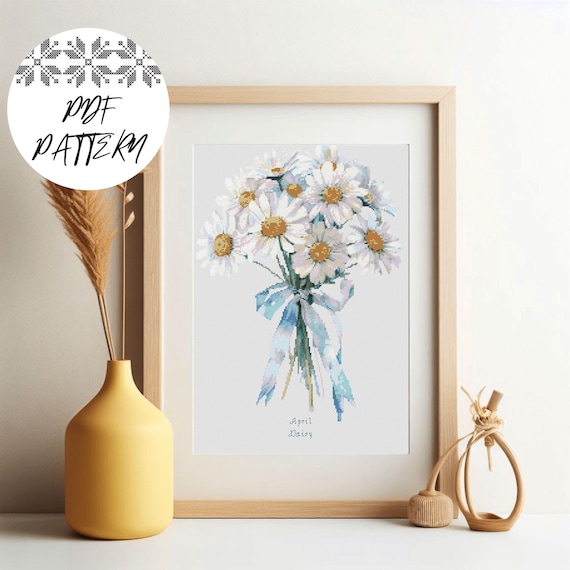 April Daisy Birth Flower Cross Stitch Pattern: Floral Embroidery (PDF Digital Download)