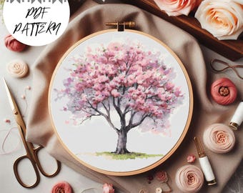 Kruissteekpatroon kersenbloesemboom: bloemenborduurwerk DIY (pdf-patroon)