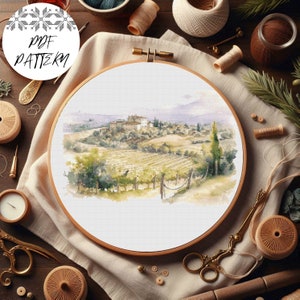 Italian Landscape Cross Stitch Pattern – Tuscany DIY Embroidery (PDF Pattern)