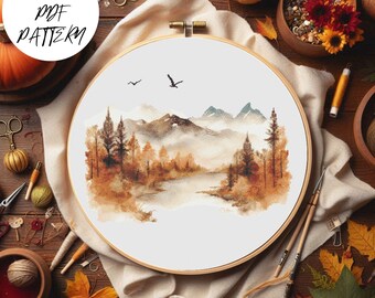 Fall Mountain Landscape Cross Stitch Pattern: Autumn Embroidery (PDF Pattern)