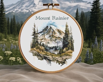 Mount Rainier Cross Stitch Pattern: National Park Wildflower Embroidery (PDF Download)