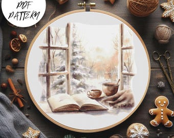 Christmas Window Cross Stitch Pattern: Winter Holiday Embroidery (PDF Pattern)