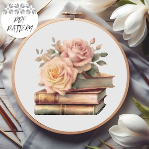 Books Cross Stitch Pattern PDF, Embroidery Design, Books Decor, Digital Download, Pattern Keeper Compatible, Pile of Book, Library Craft