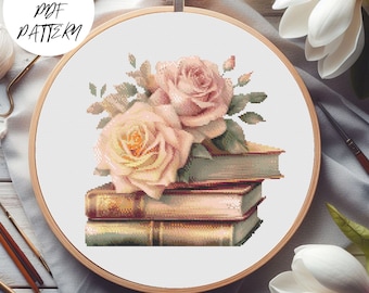 Books and Roses Cross Stitch Pattern, Library Decor (Digital Download)