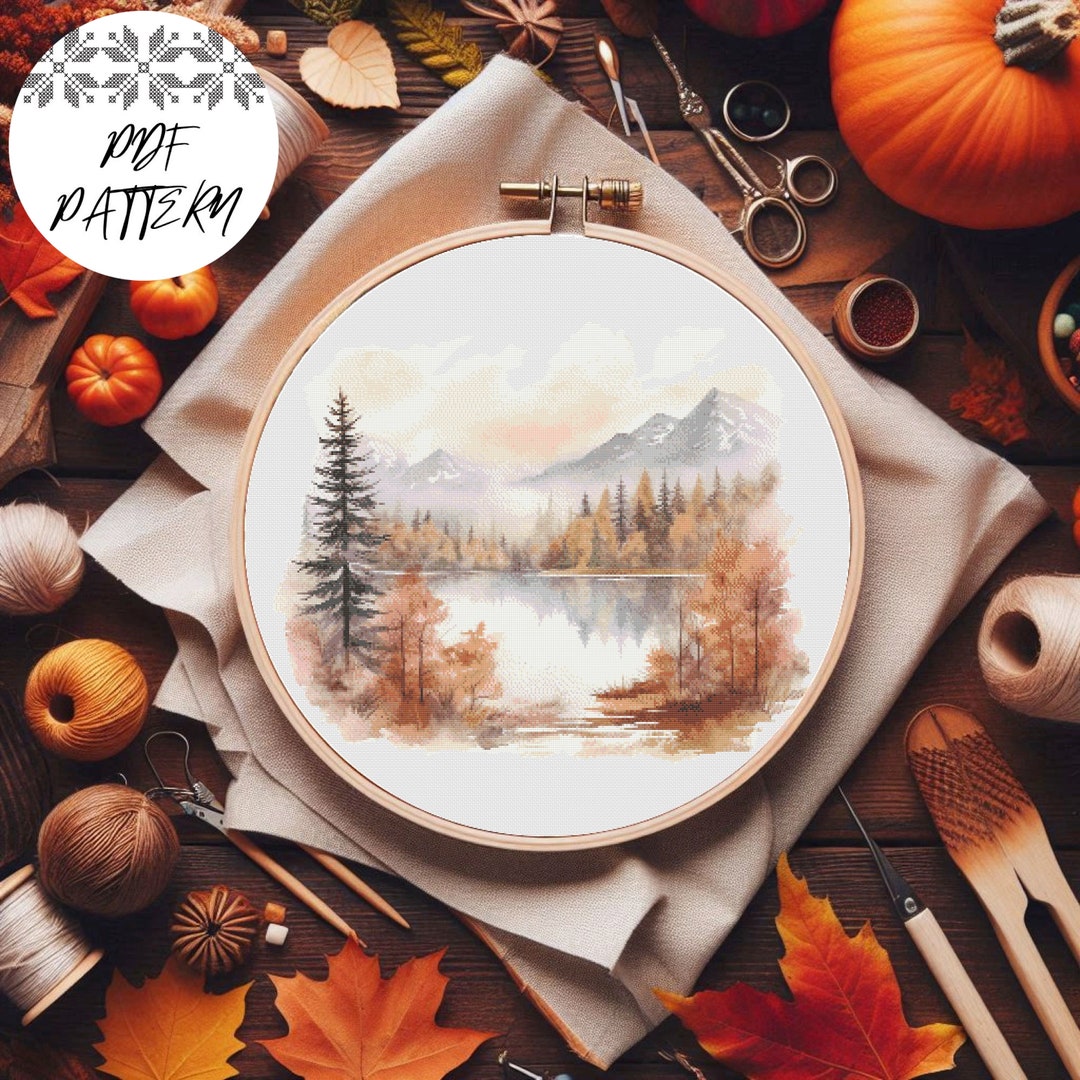 Fall Mountain Landscape Cross Stitch Pattern: Autumn Embroidery (PDF ...