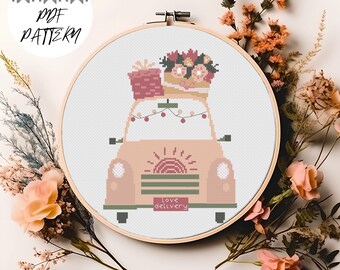 Valentine's Love Delivery Car - Valentine's Day Cross Stitch Pattern, PDF Pattern, Valentine's Day Embroidery, DIY, Love Embroidery Decor
