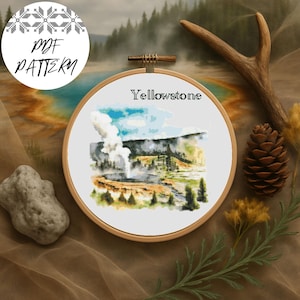 Yellowstone National Park Cross Stitch Pattern: Geyser Landscape (PDF Pattern
