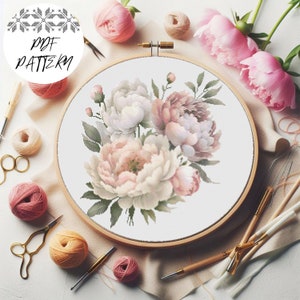 Schema punto croce bouquet di peonie, modello PDF, ricamo floreale, fai da te, regalo, decorazione ricamata, compatibile con Pattern Keeper