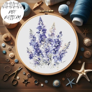 Delphinium Bouquet Kreuzstichmuster PDF - Botanisches Blumenmuster, digitaler Download, blaues Delphinium als Stickrahmen
