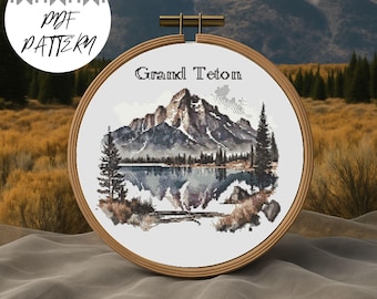 Grand Teton Cross Stitch Pattern: Mountain Landscape Embroidery (PDF Download)