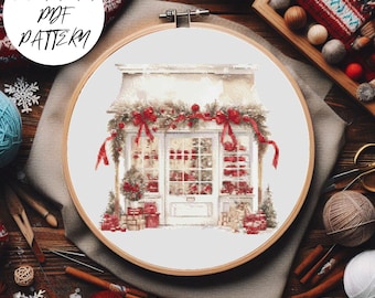 Christmas Shop Cross Stitch Pattern: Deer & Santa Embroidery (PDF Pattern)