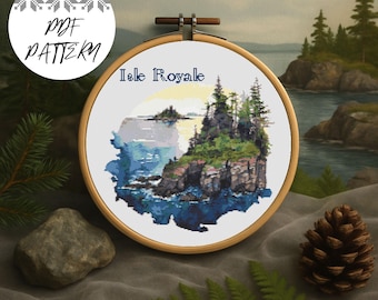 Isle Royale National Park Cross Stitch Pattern: Lake & Forest Embroidery (PDF Download