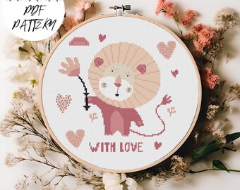 Valentine's Leo - Valentine's Day Cross Stitch Pattern, PDF Pattern, Valentine's Day Embroidery, DIY, Love Embroidery Decor