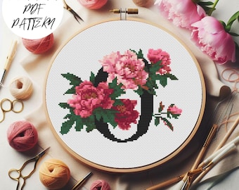 Letter O Peony Cross Stitch Pattern: Floral Monogram (PDF Pattern)