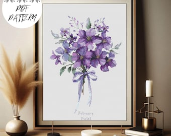 February Violet Birth Flower Cross Stitch Pattern: Floral Embroidery (PDF Digital Download