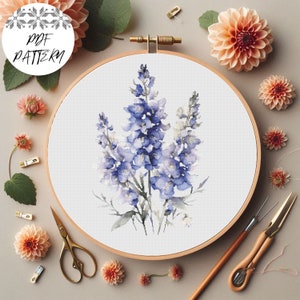 Patrón de punto de cruz de ramo de delphinium en PDF: diseño de bordado floral botánico, descarga digital, arte de aro de flores azules para regalar o decorar