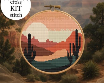 Desert Sunset With Cacti Cross Stitch Kit: Beginner DIY Embroidery Set