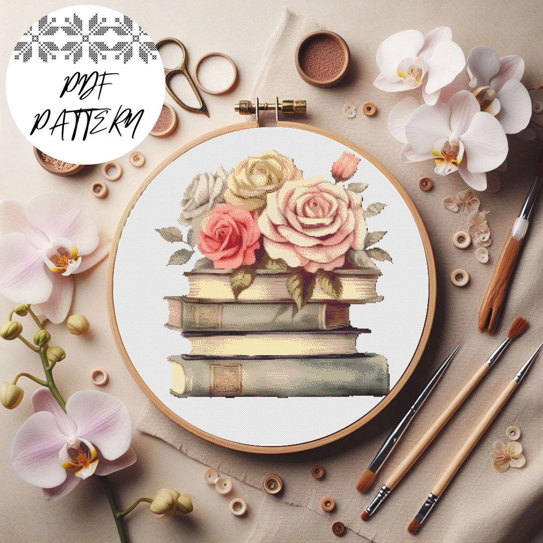 Books and Roses Cross Stitch Pattern - Floral Embroidery (PDF Pattern ...