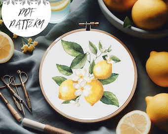 Lemons Cross Stitch Pattern, Fruit Embroidery DIY (PDF Pattern)