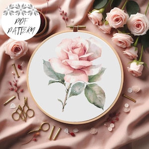 Kreuzstich Stickmuster mit Rose - Sofort Download, PDF Stickmuster, Blumenstickerei, DIY, Geschenk, Stickdatei