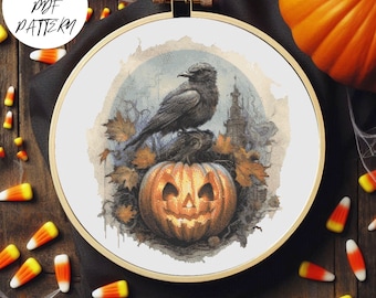 ハロウィンのカボチャとカラスのクロスステッチパターン：秋の刺繍（PDFパターン）