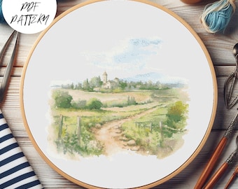 French Countryside Cross Stitch Pattern – Landscape Embroidery (PDF Pattern)