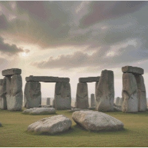 May include: A view of Stonehenge, a prehistoric monument in Wiltshire, England. The large stones are arranged in a circle, with a smaller circle of stones in the center. The sky is cloudy and the sun is shining through the clouds.
