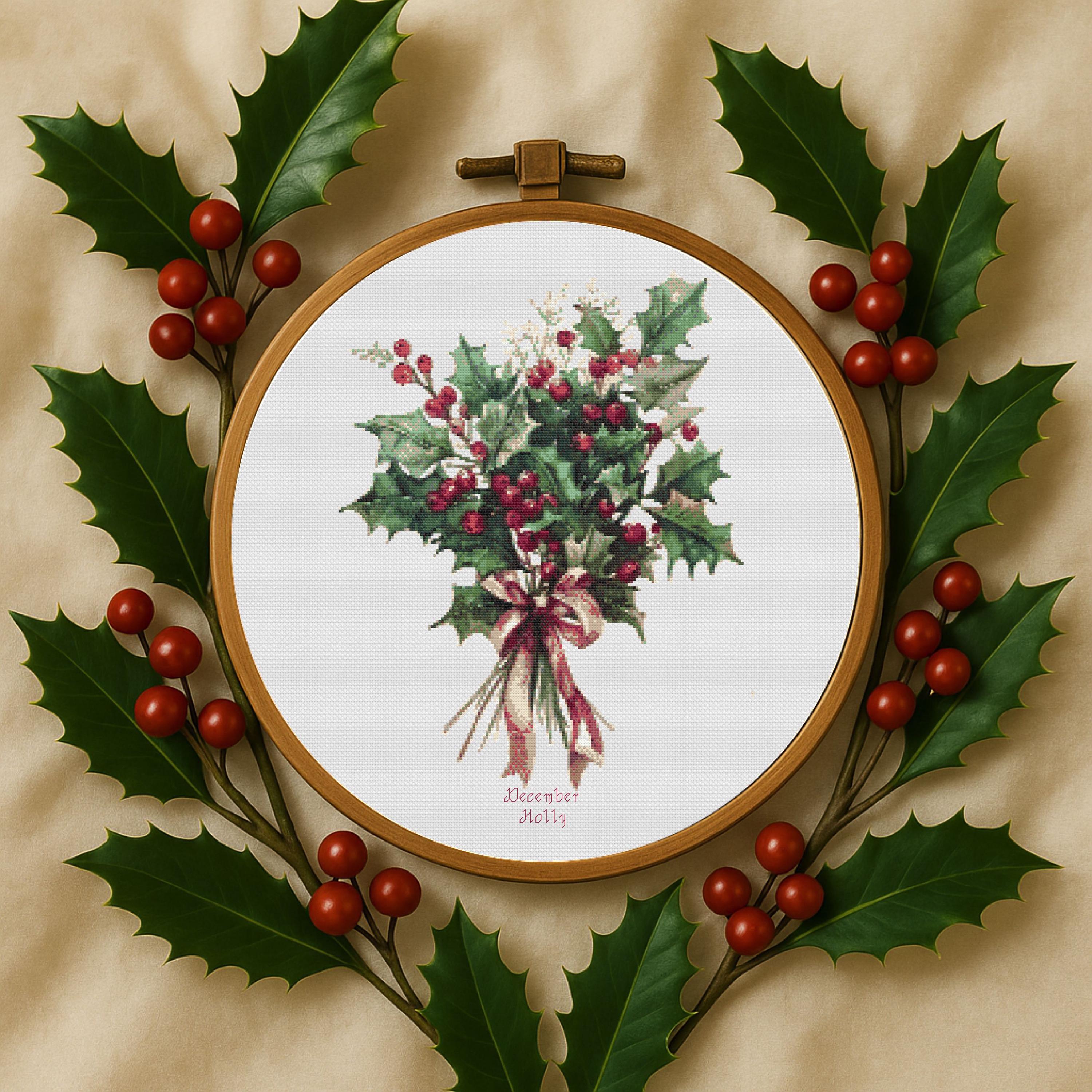 December Holly Birth Flower Cross Stitch Pattern: Winter Floral ...