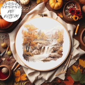 Fall Waterfall Cross Stitch Pattern: Mountain Autumn Scene (PDF Pattern)