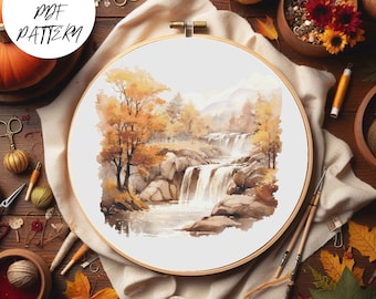 Fall Waterfall Cross Stitch Pattern: Mountain Autumn Scene (PDF Pattern)