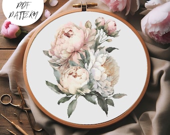 Peonies Bouquet Cross Stitch Pattern: Floral Embroidery Design (PDF Download)