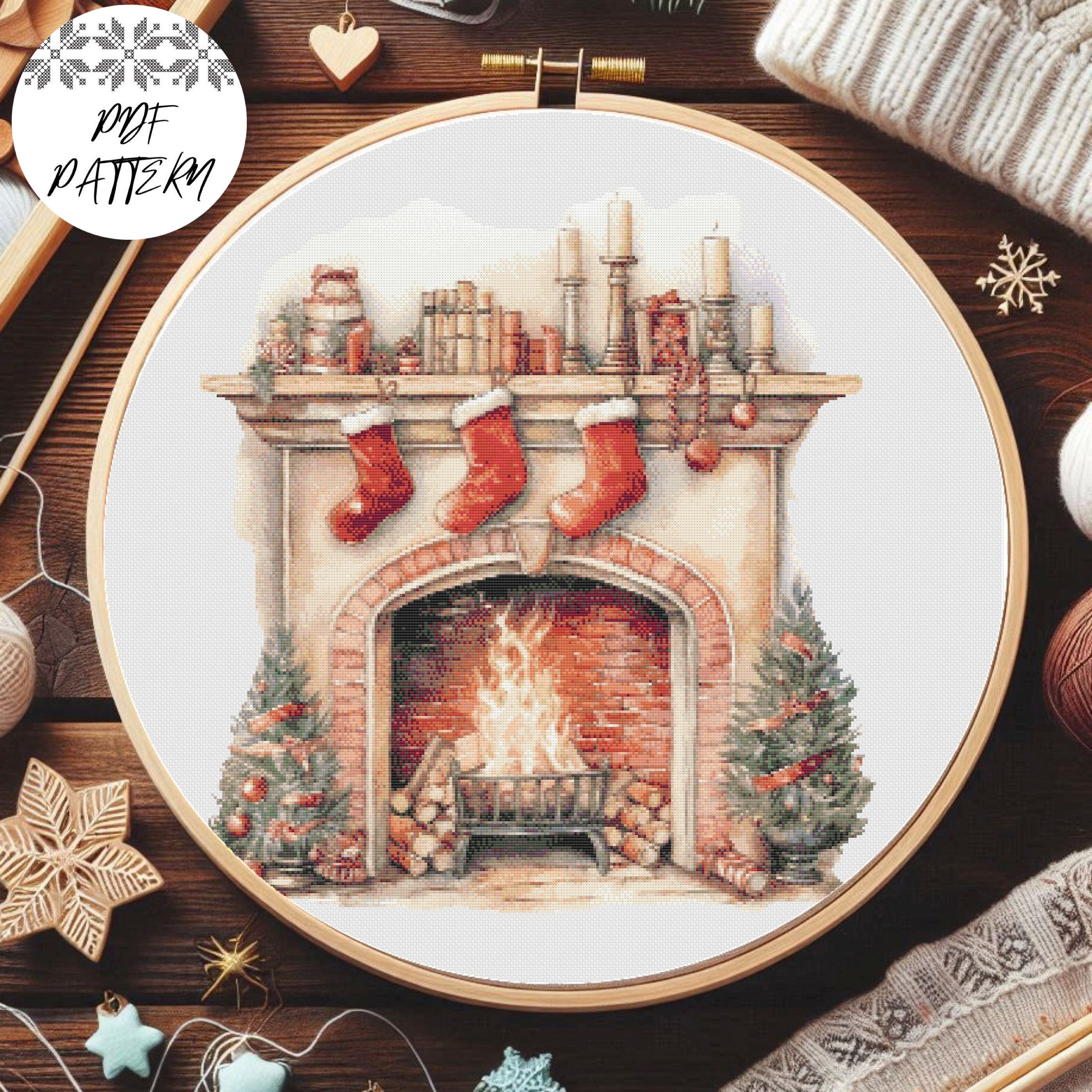 クリスマス暖炉クロスステッチパターン：ホリデー刺繍（PDFパターン