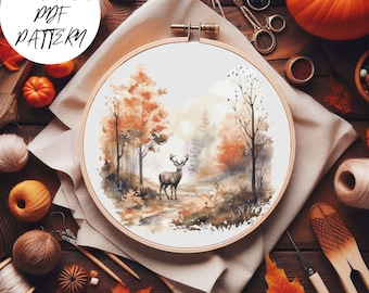 Fall Landscape Cross Stitch Pattern: Autumn Mountains, Deer (PDF Pattern)