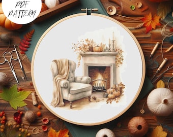 Autumn Outdoor Nook Cross Stitch Pattern: House & Field Embroidery (PDF Pattern)