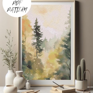 Pode incluir: Um padrão de ponto cruz enquadrado de uma pintura em aquarela de uma cena de floresta com árvores altas e um fundo nebuloso. As cores são principalmente verde, amarelo e marrom.