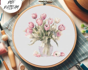 Kruissteekpatroon tulpenboeket: bloemenborduurontwerp (pdf-download)