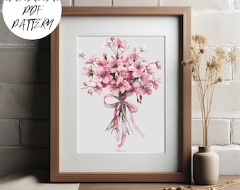 Cherry Blossom Cross Stitch Pattern: March Birth Flower Embroidery (PDF Digital Download