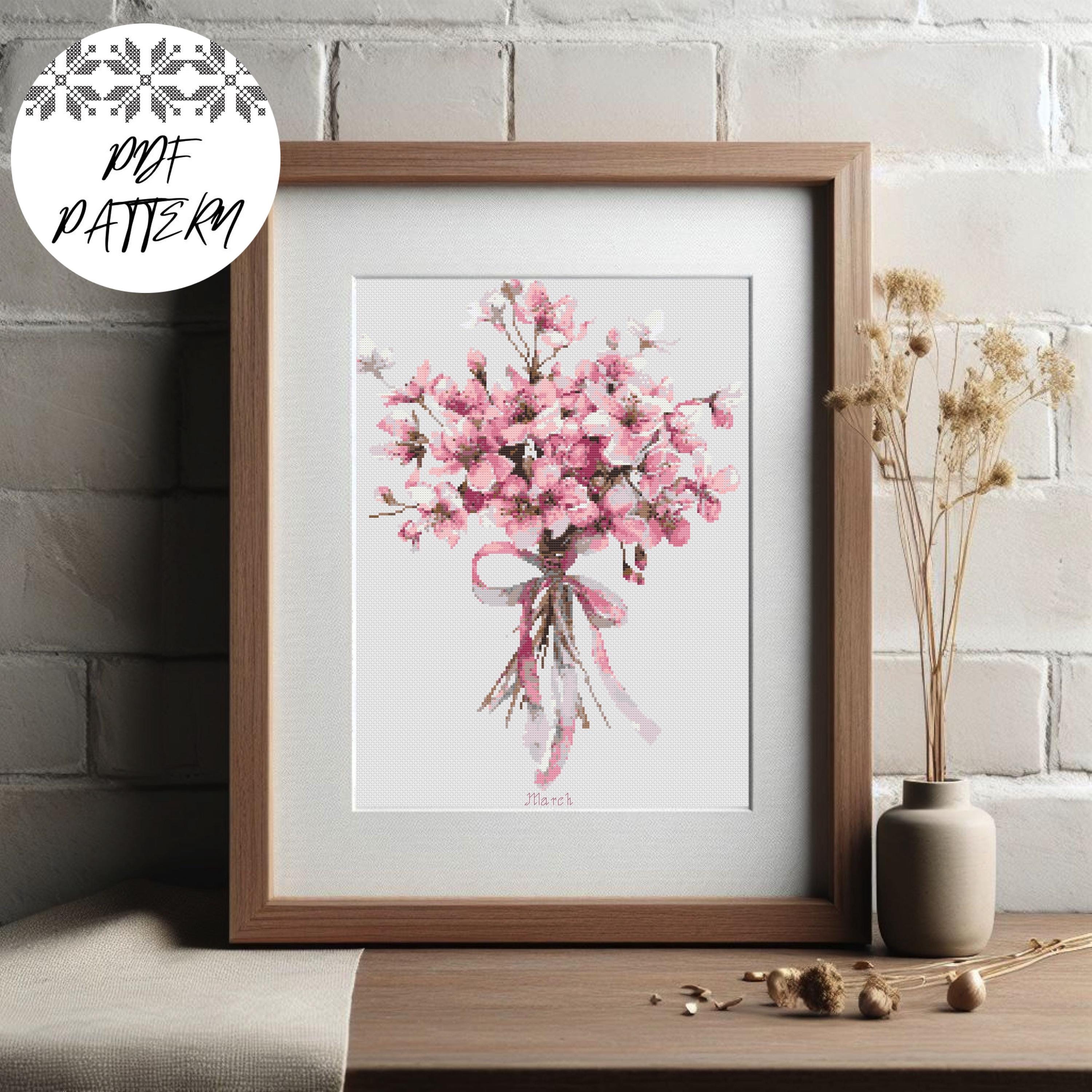 Cherry Blossom Cross Stitch Pattern: March Birth Flower Embroidery
