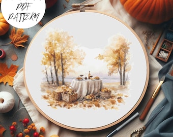 Fall Picnic Cross Stitch Pattern: Mountain Autumn Embroidery (PDF Pattern)