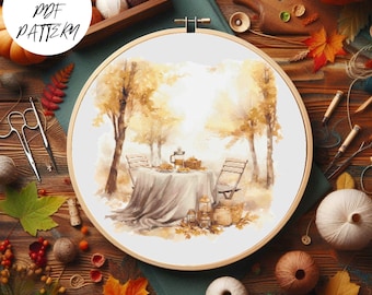 Fall Picnic Cross Stitch Pattern: Autumn Mountain Embroidery (PDF Pattern)