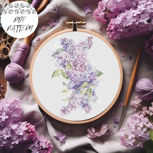 Lilac Bouquet Cross Stitch Pattern PDF – Spring Floral Embroidery Design, Botanical Digital Download, Lilac Hoop Art for Gift or Decor